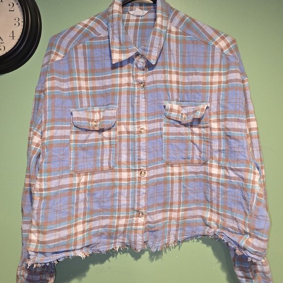 Aeropostale Blue Plaid Flannel Crop Shirt Long Sleeve Sz M Collar Pockets Button - Picture 1 of 6